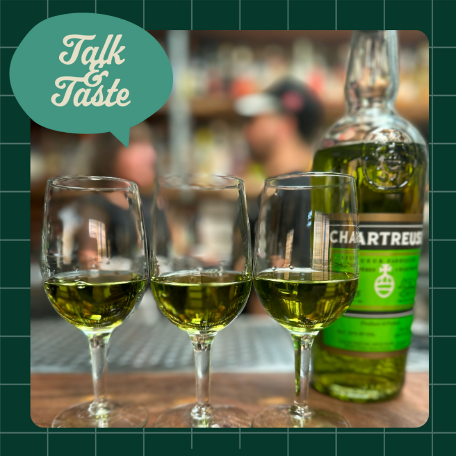 A bottle of Green Chartreuse and 3 glasses of green chartreuse