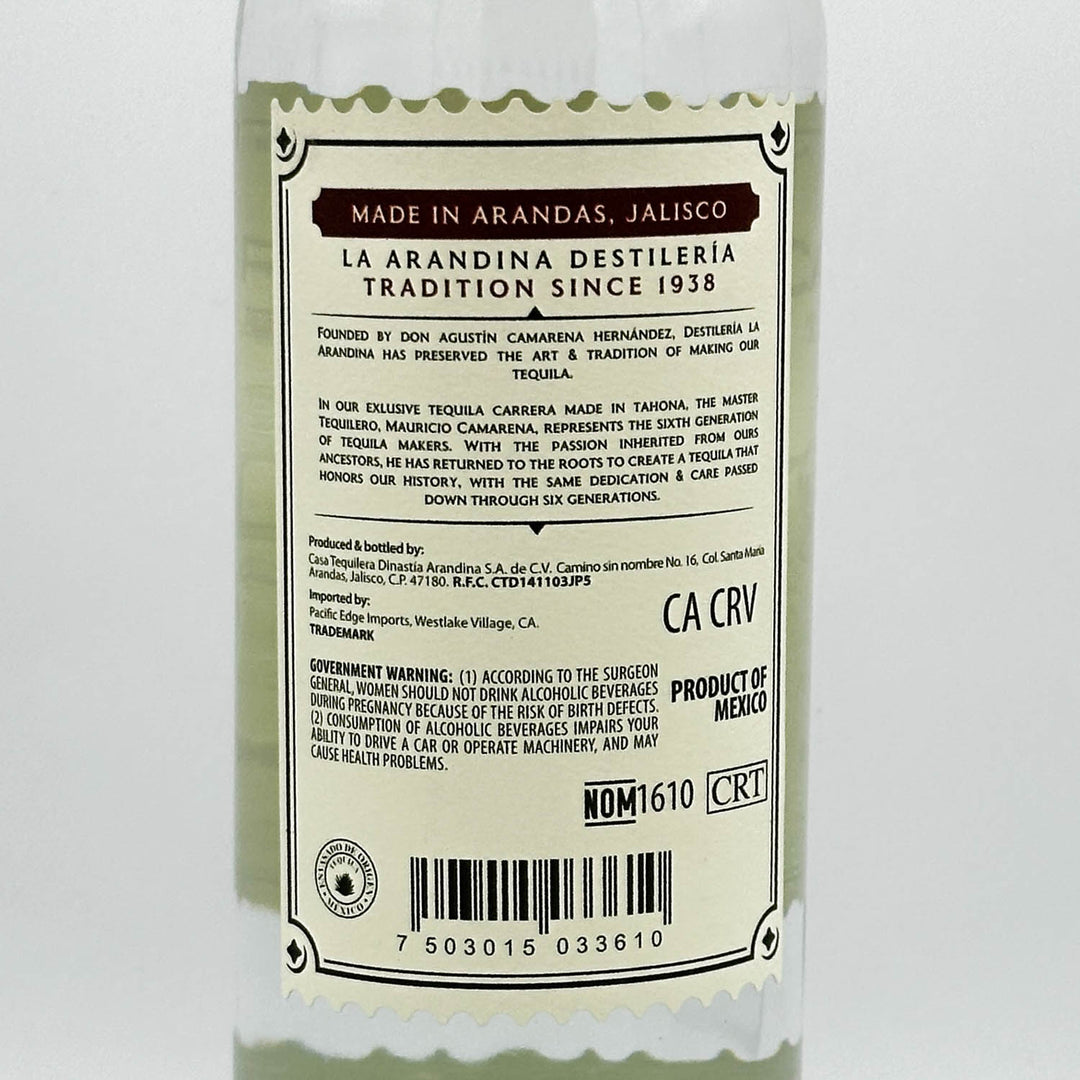 Tequila bottle label with text and bar code on a white background