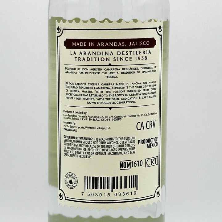 Tequila bottle label with text and bar code on a white background
