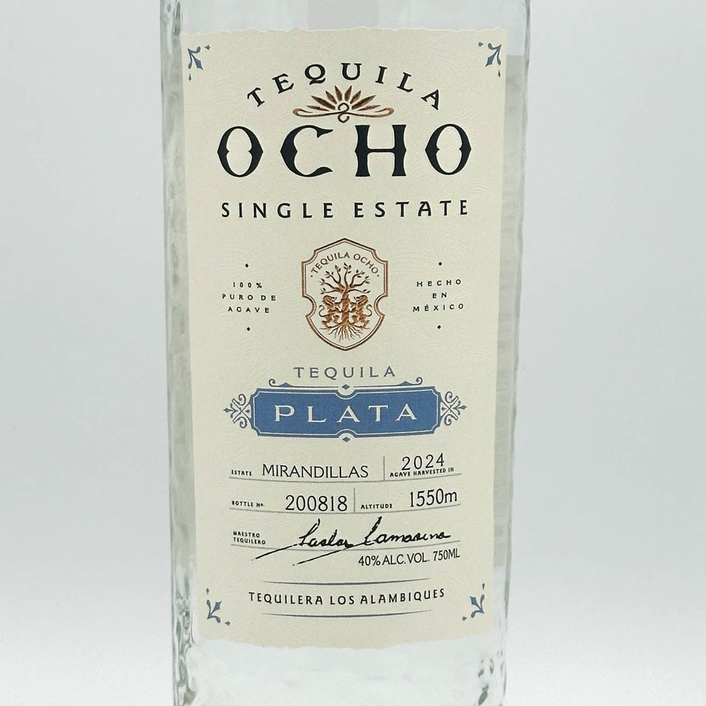 Tequila Ocho Plata bottle with label on a white background