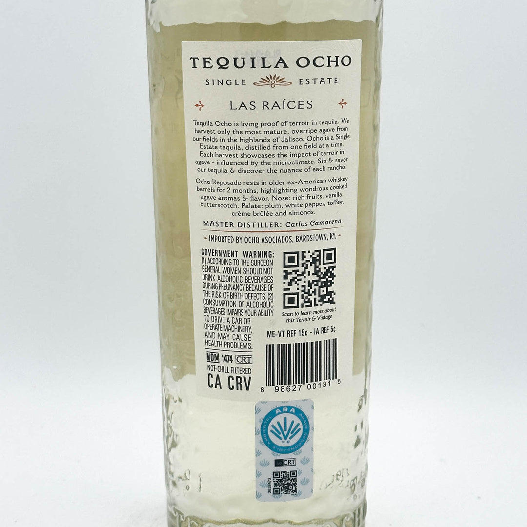 Tequila Ocho Las Raices bottle label on a white background
