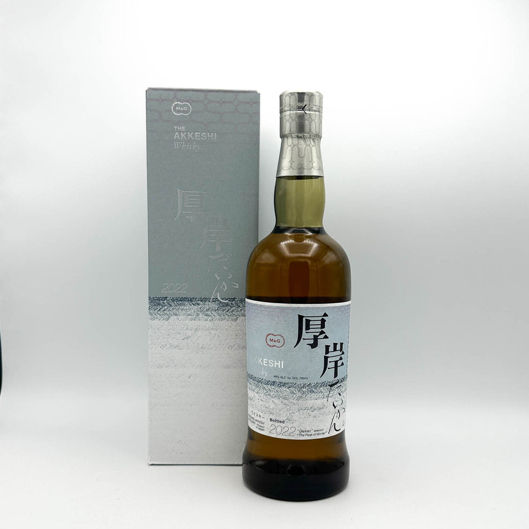 Bottle of KESHI whisky with a silver cap on a white background