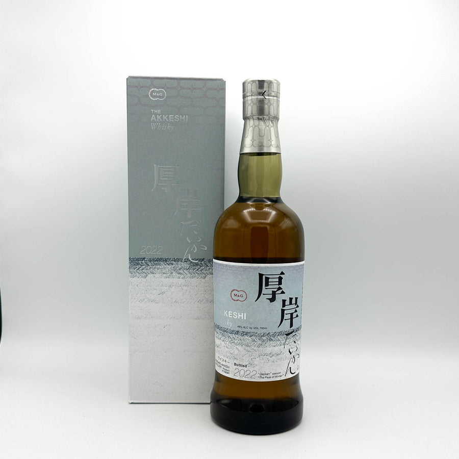 Bottle of KESHI whisky with a silver cap on a white background