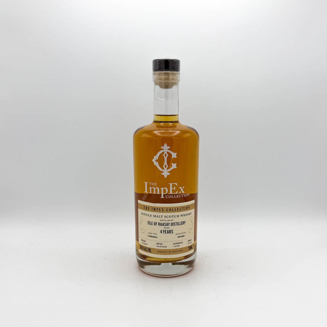 Whiskey bottle with a visible label on a white background