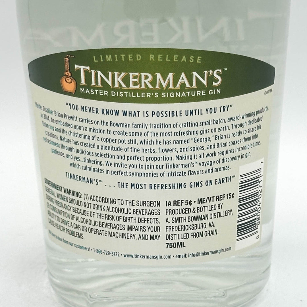 Close-up of a Tinkerman's Master Distiller's Signature Gin bottle label, showing the 'Limited Release' dark green banner and the white product information text.