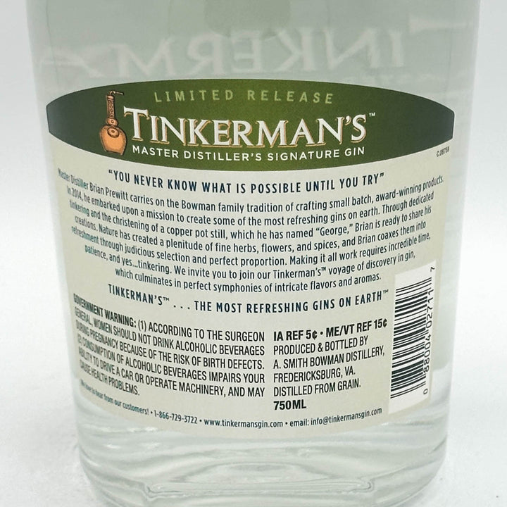 Close-up of a Tinkerman's Master Distiller's Signature Gin bottle label, showing the 'Limited Release' dark green banner and the white product information text.