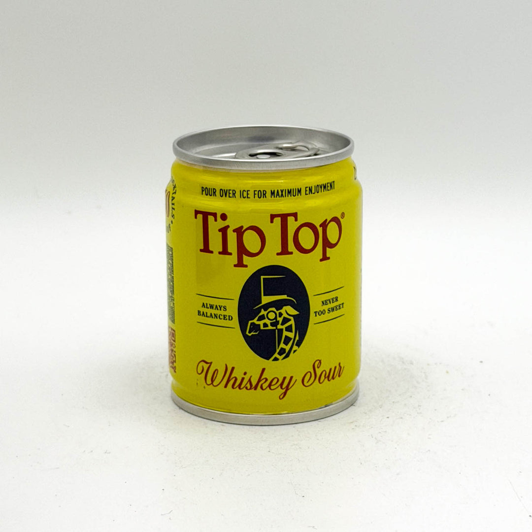 Yellow can of Tip Top Whiskey Sour on a white background