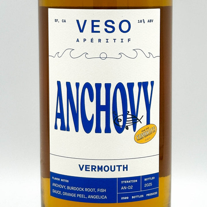 Veso Anchovy Vermouth bottle label on a white background