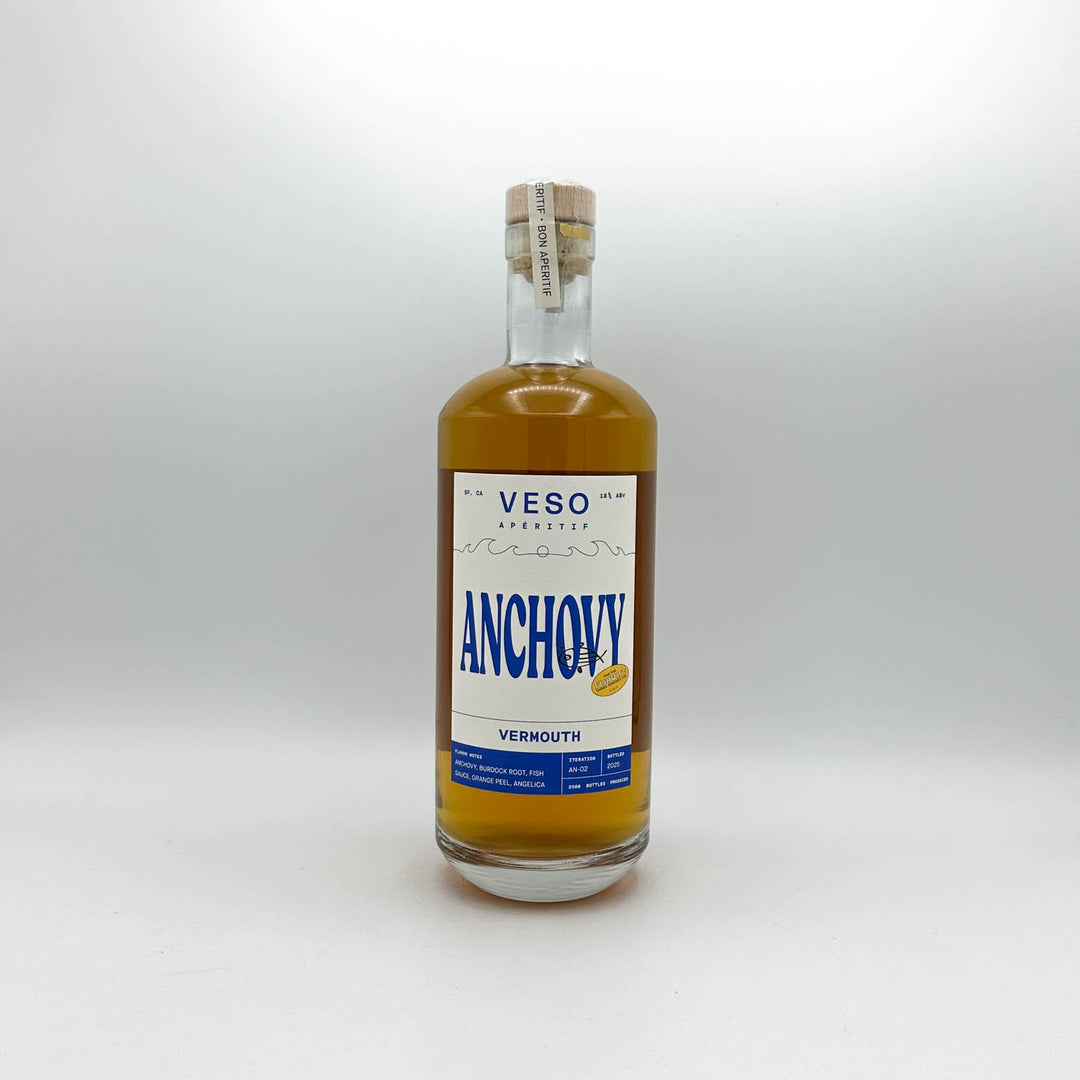 Bottle of Veso Anchovy Vermouth on a white background