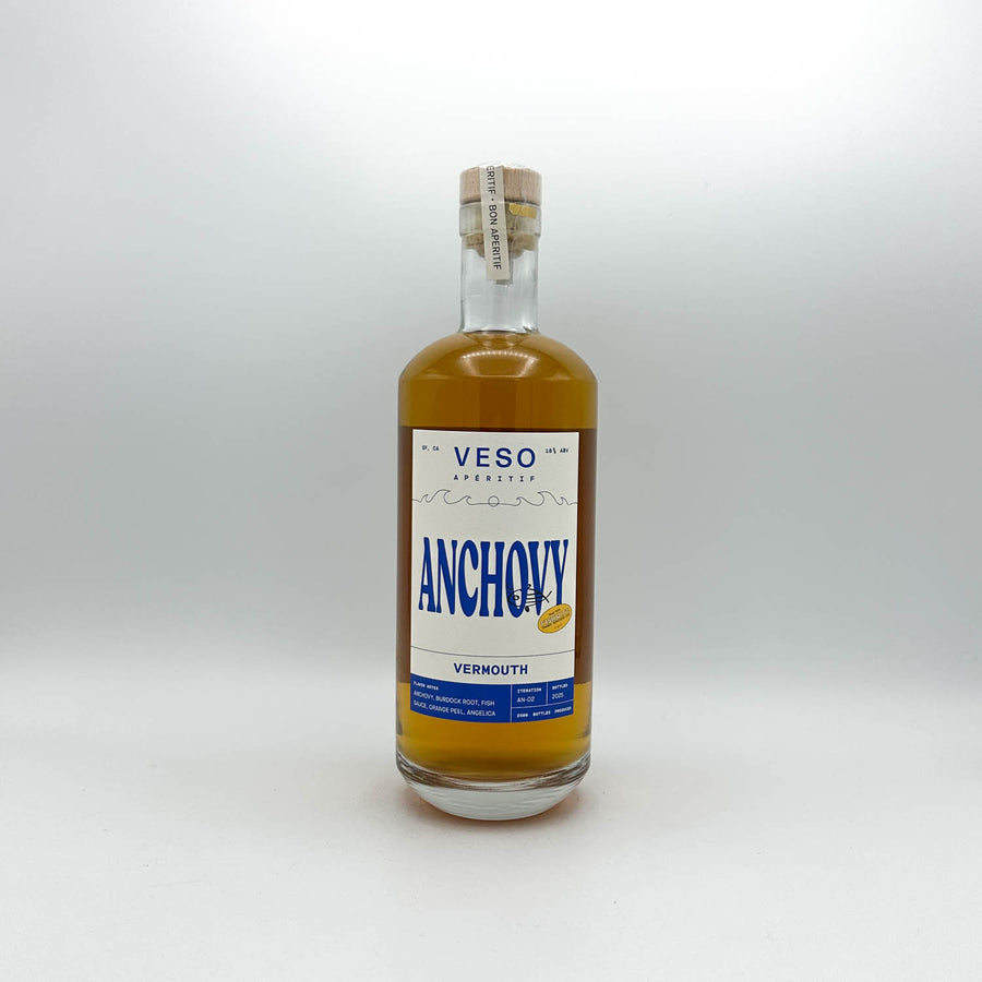 Bottle of Veso Anchovy Vermouth on a white background