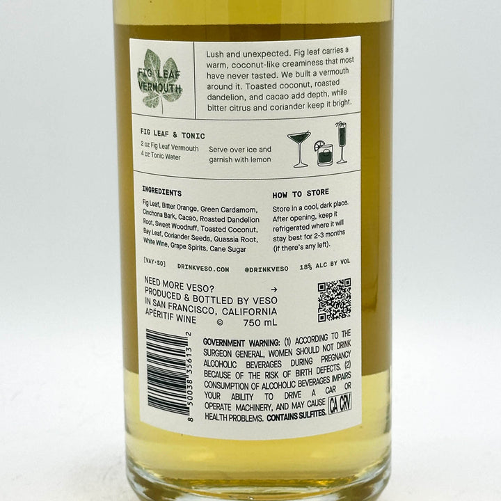 Bottle of Fig Leaf Vermouth with label on a white background