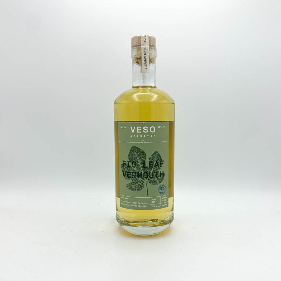 Bottle of Veso Fig Leaf Vermouth on a white background