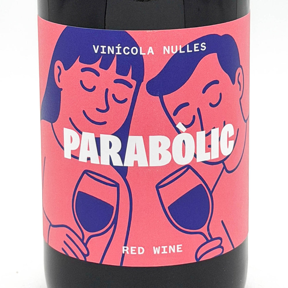 Wine bottle with a colorful label featuring two faces and the brand 'Parabolic'.
