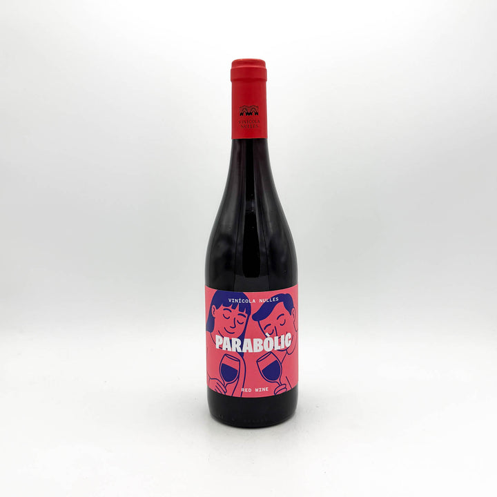 Wine bottle with a red label on a white background