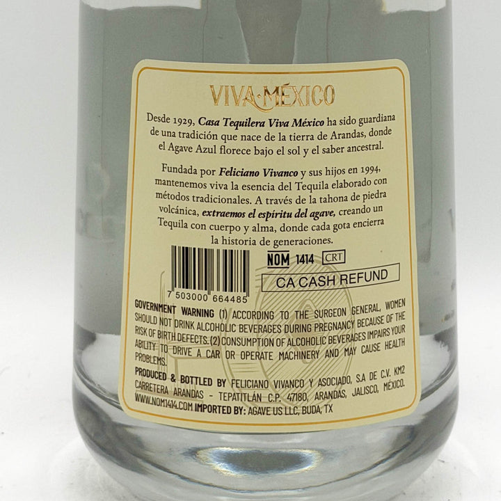 Back label of a Viva Mexico tequila bottle on a white background