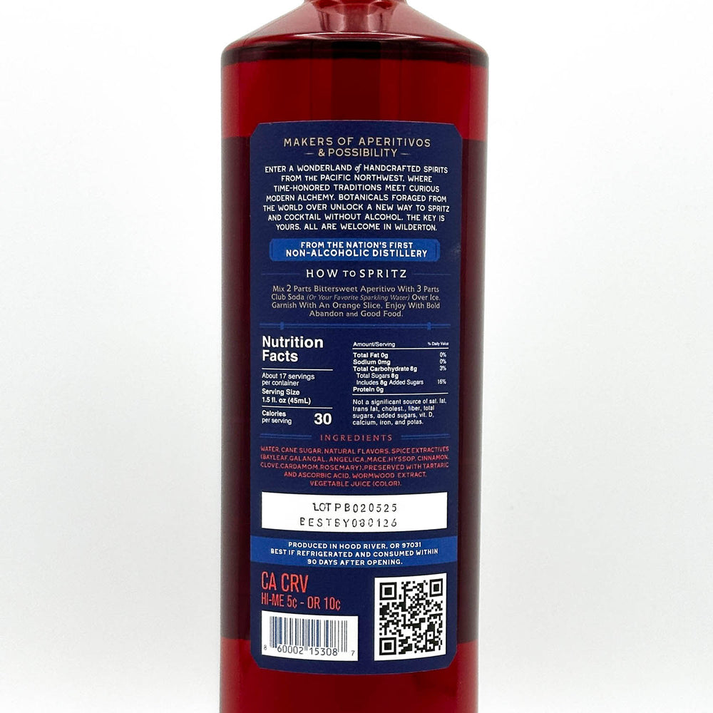Back label of a red bottle with text and a QR code on a white background