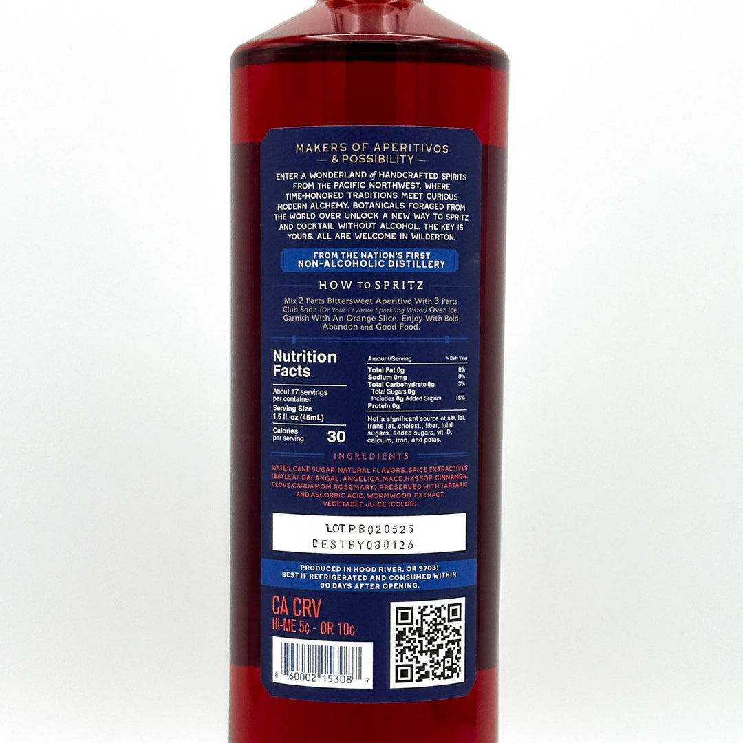 Back label of a red bottle with text and a QR code on a white background