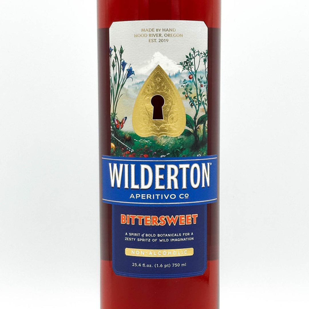 Wilderton Bittersweet aperitivo bottle with decorative label on a white background