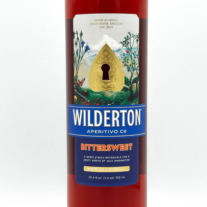 Wilderton Bittersweet aperitivo bottle with decorative label on a white background