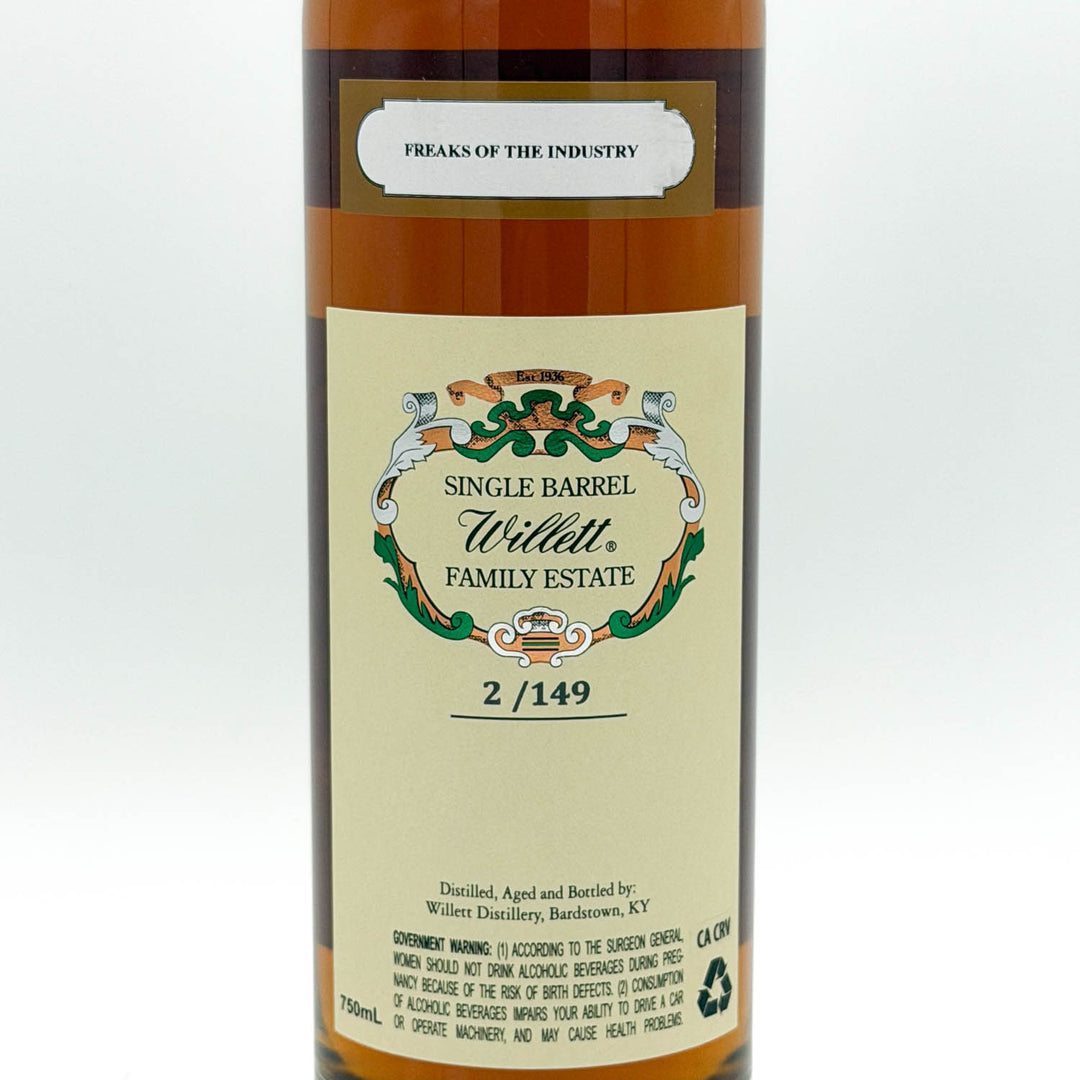 Bottle of Single Barrel Willett Family Estate whiskey with a label on a white background