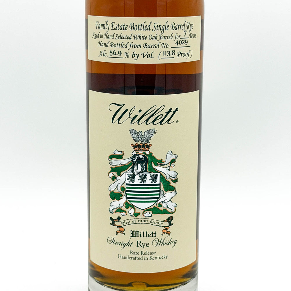 Willett Straight Rye Whiskey bottle with label on a white background