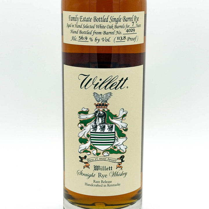 Willett Straight Rye Whiskey bottle with label on a white background