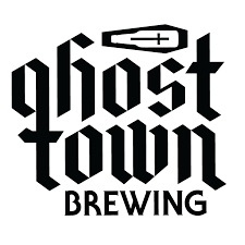 Black and white Ghost Town Brewing logo with casket